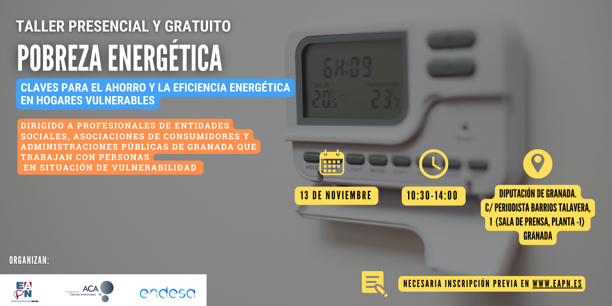 Taller gratuito en Granada sobre ahorro y eficiencia energética para hogares vulnerables